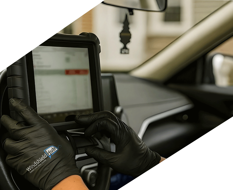 WindshieldHUB technician performing mobile ADAS calibration in Tampa using a diagnostic tablet inside a customer's vehicle