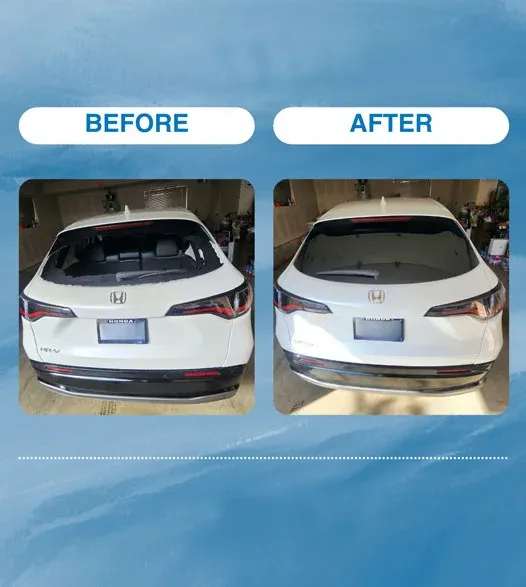 Before and After comparison of the rear view of a white Honda CR V, showing a broken rear window on the left and a repaired rear window on the right