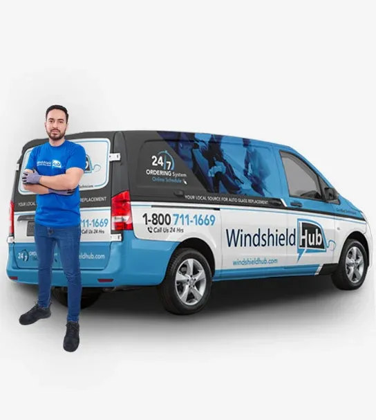 WindshieldHUB mobile technician beside a branded van for mobile back glass replacement
