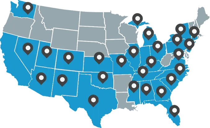 Map of the United States with blue highlighted states and white pinpoint markers, mainly in the western and central regions