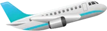 Modern airplane in flight with a white fuselage, light blue accents, two engines, and a streamlined design