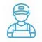 A simple blue line icon of a person in a hat and overalls, representing a technician