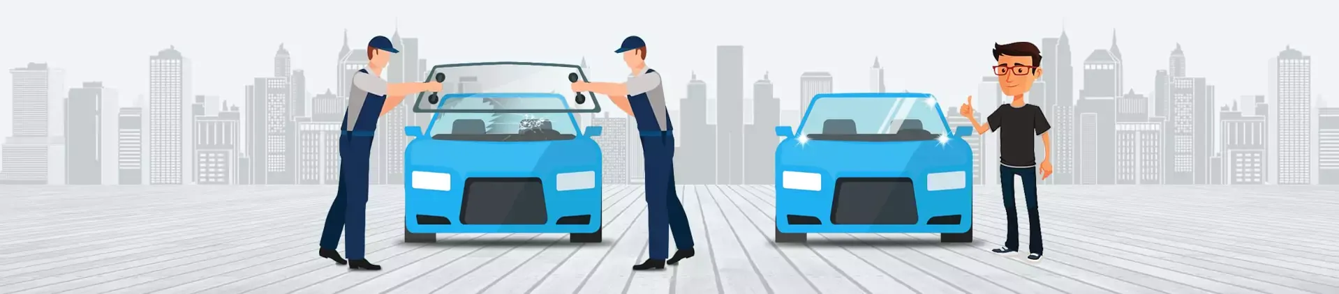 Illustration of two technicians installing a car windshield while a customer gives a thumbs up, with a cityscape background