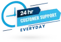 Blue graphic with a clock icon and text reading 24 hr CUSTOMER SUPPORT