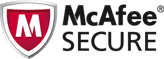 The image shows the McAfee logo with a red shield containing a white 'M' on the left and the text McAfee in black on the right