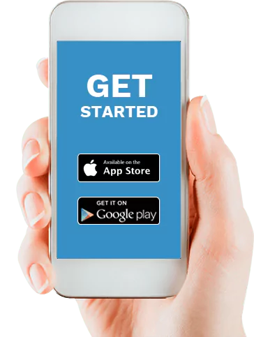 Hand holding smartphone showing Get Started app download screen