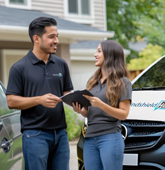 WindshieldHUB technicians discussing service details in front of customer’s vehicle and service van