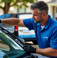 WindshieldHUB technician aligning a new windshield during mobile auto glass replacement service