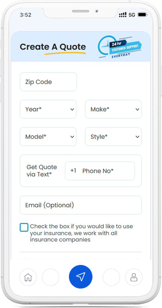 WindshieldHUB mobile quote form showing fields for zip code, vehicle details, and insurance option