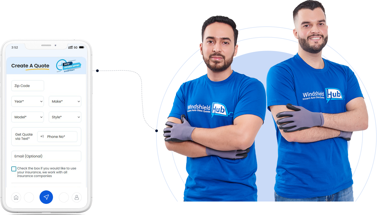 WindshieldHUB technicians next to mobile quote form for fast windshield repair scheduling
